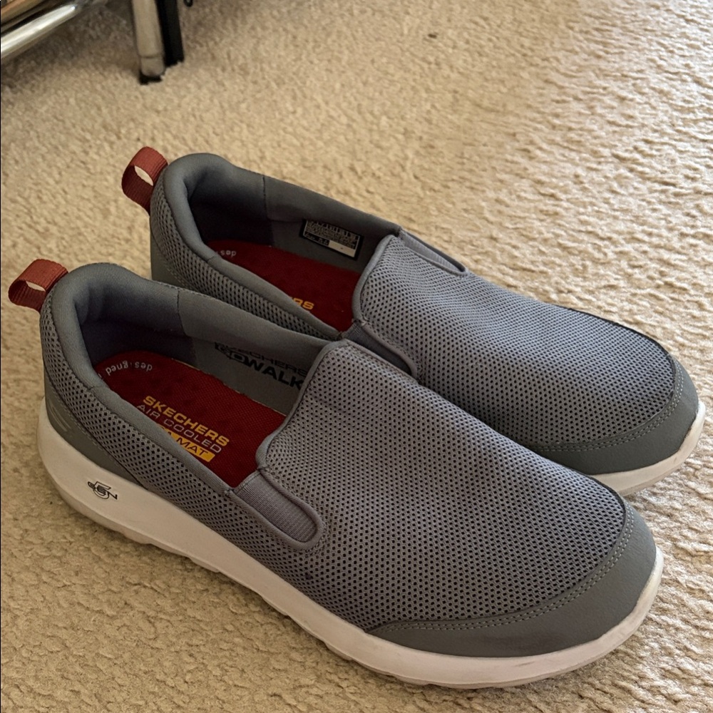 Skechers Men’s Grey Mesh Slip-On Sneakers with Red Accents